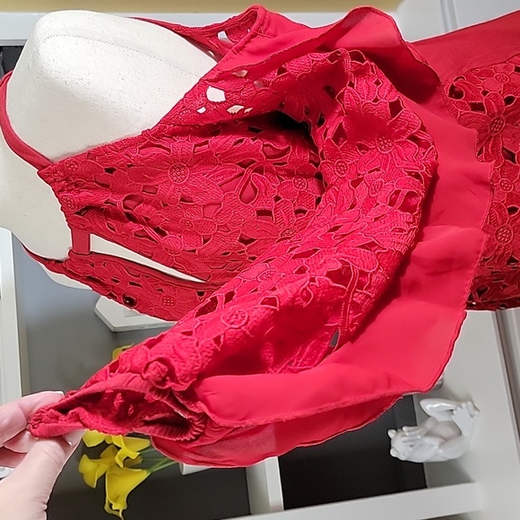 INC Red Lace Top Cold Shoulder - Picture 4 of 10